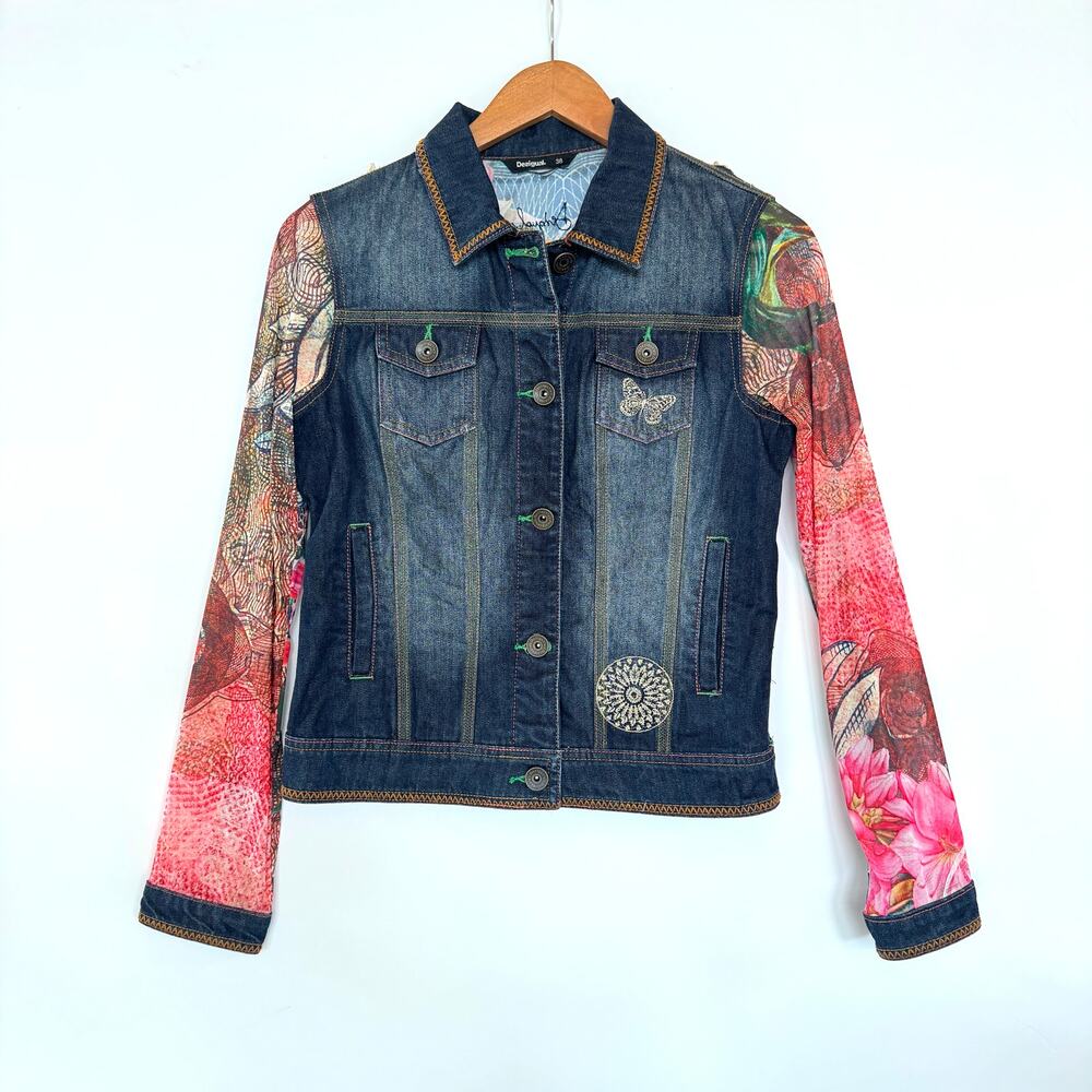 Desigual denim jean jacket with artsy sheer, multicolored sleeves, size M